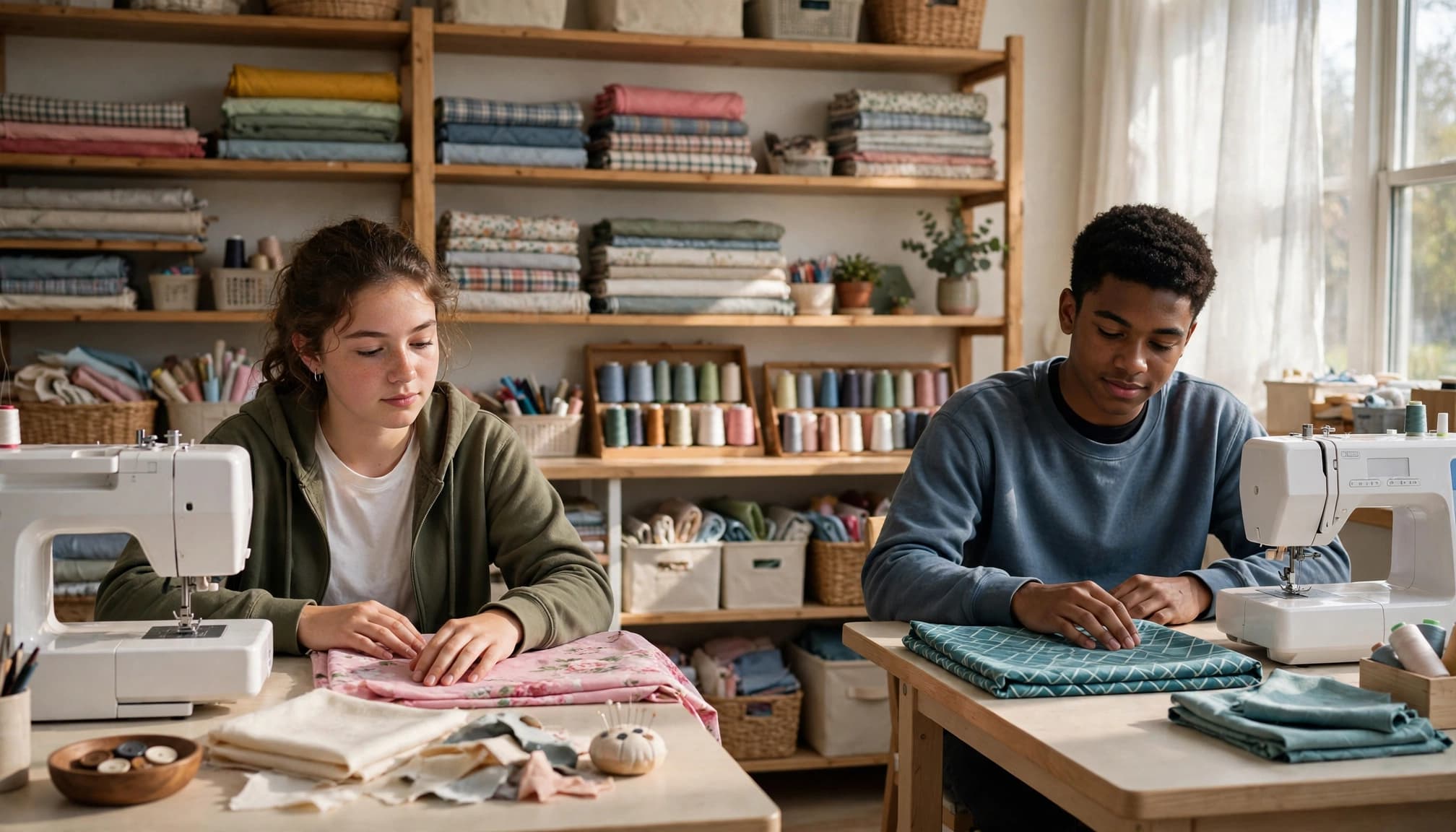 Two teens are seated at separate tables, learning to sew in a bright, tidy studio.