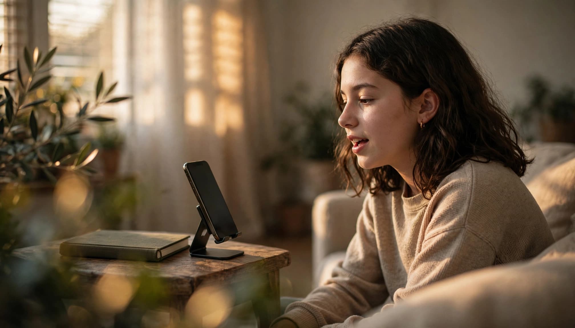 A teenager sitting in a living room, speaking toward a smartphone on a stand.