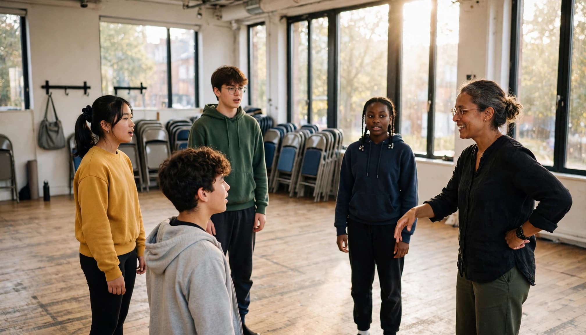 Four teens follow an instructor's posture demonstration in a bright theater studio.