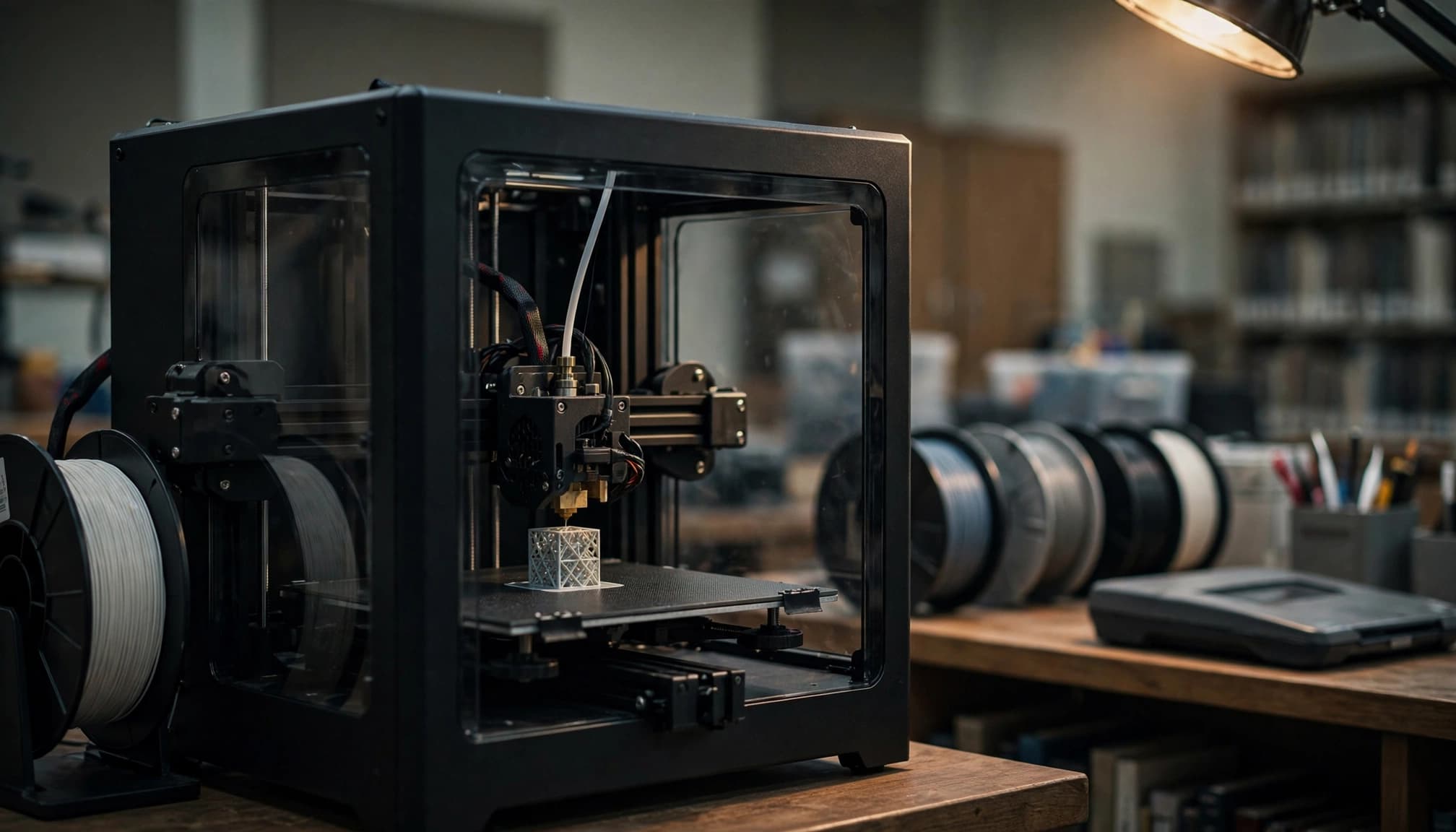A 3D printer in a workshop is printing a small lattice cube on its build plate.