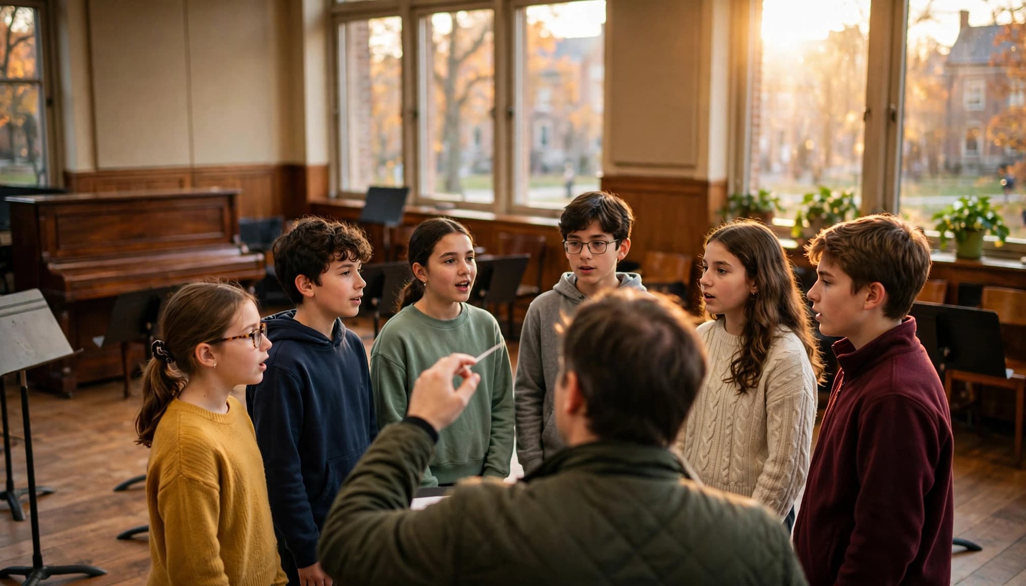 A youth choir of six children singing while a conductor directs them in a warm rehearsal room.