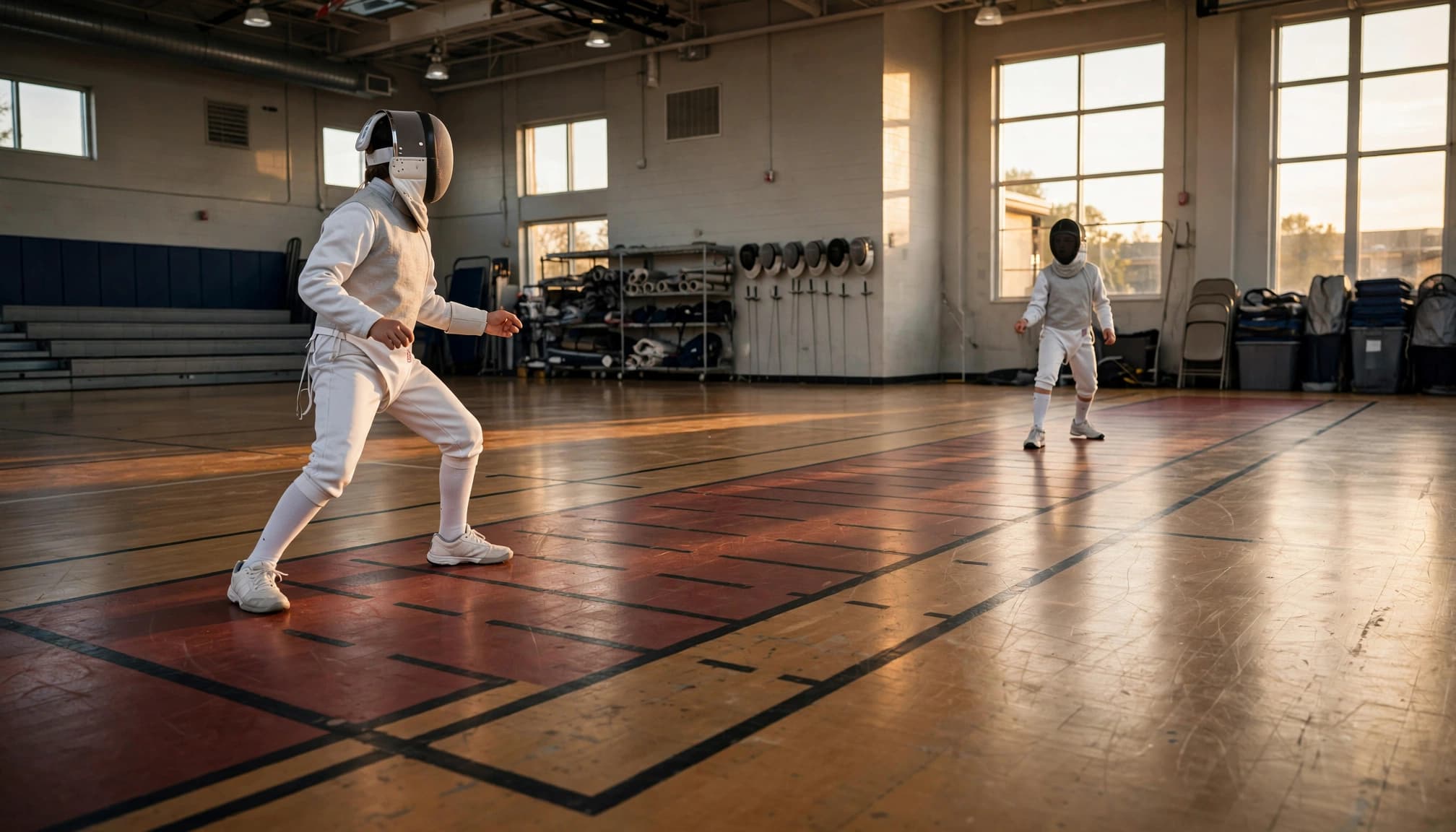 Two youth fencers in white protective uniforms practice footwork inside a gym.