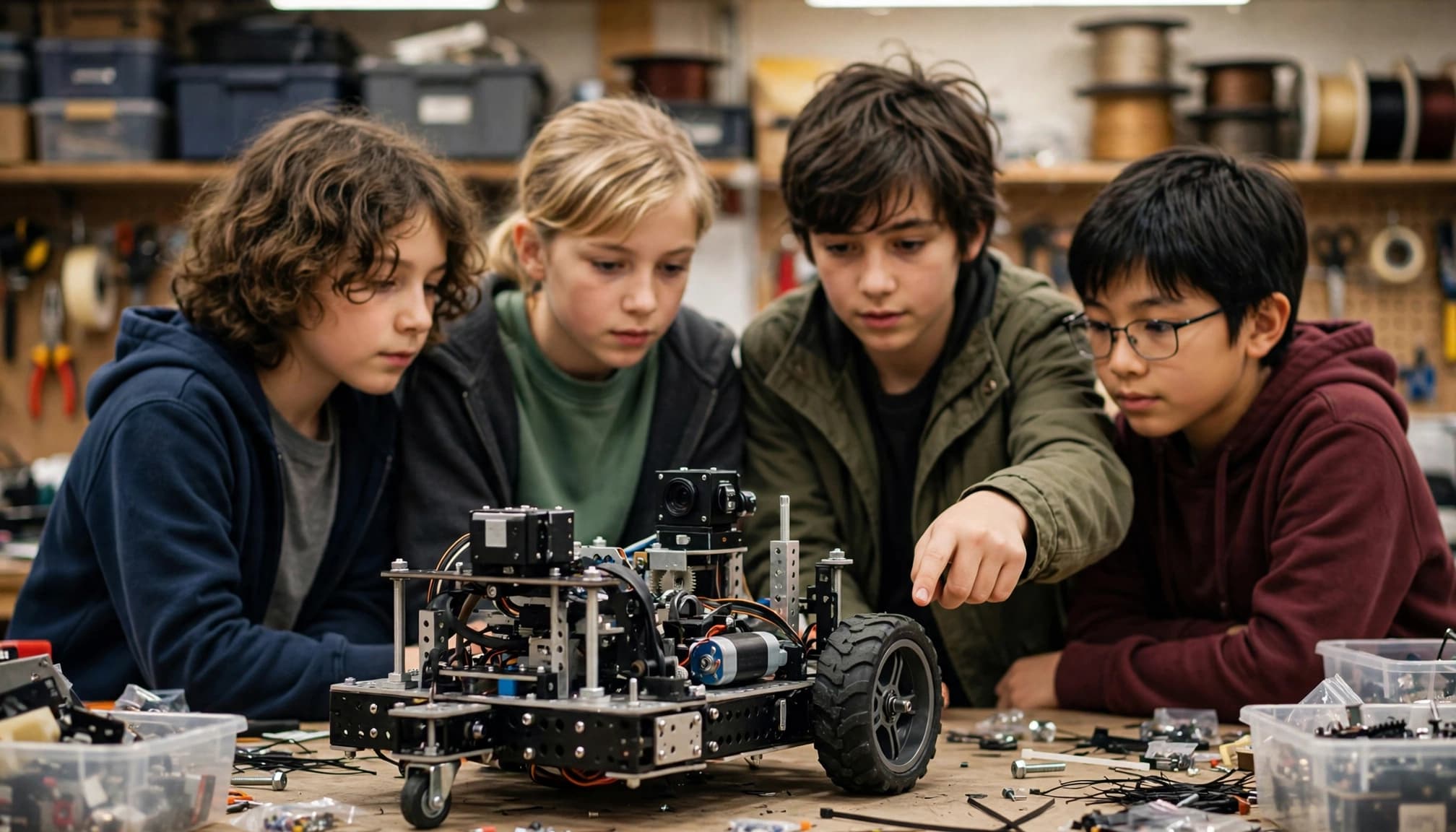 Four children gather around a small robot in a warmly lit workshop.