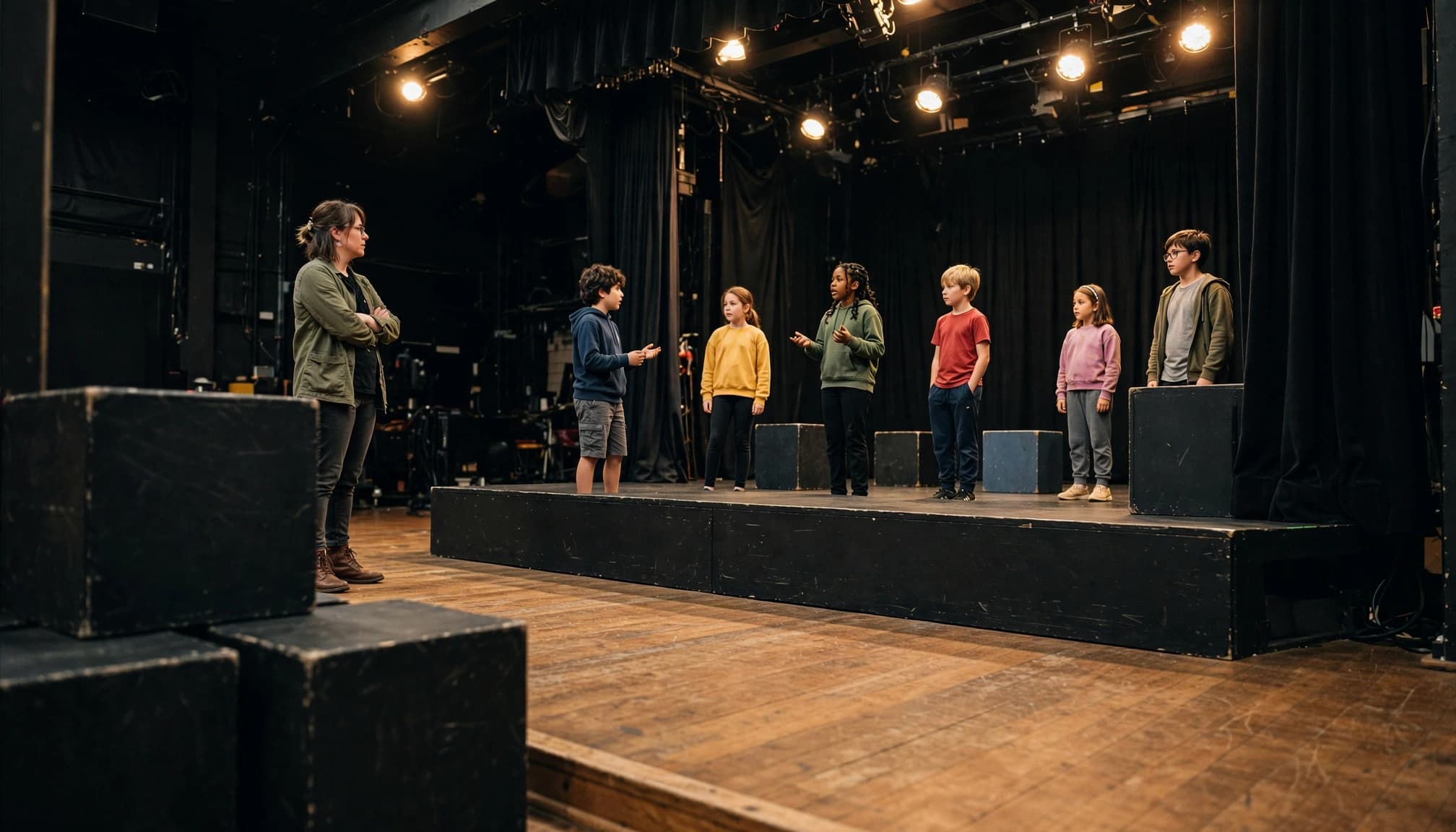 Six children practice onstage while an instructor watches from the side.